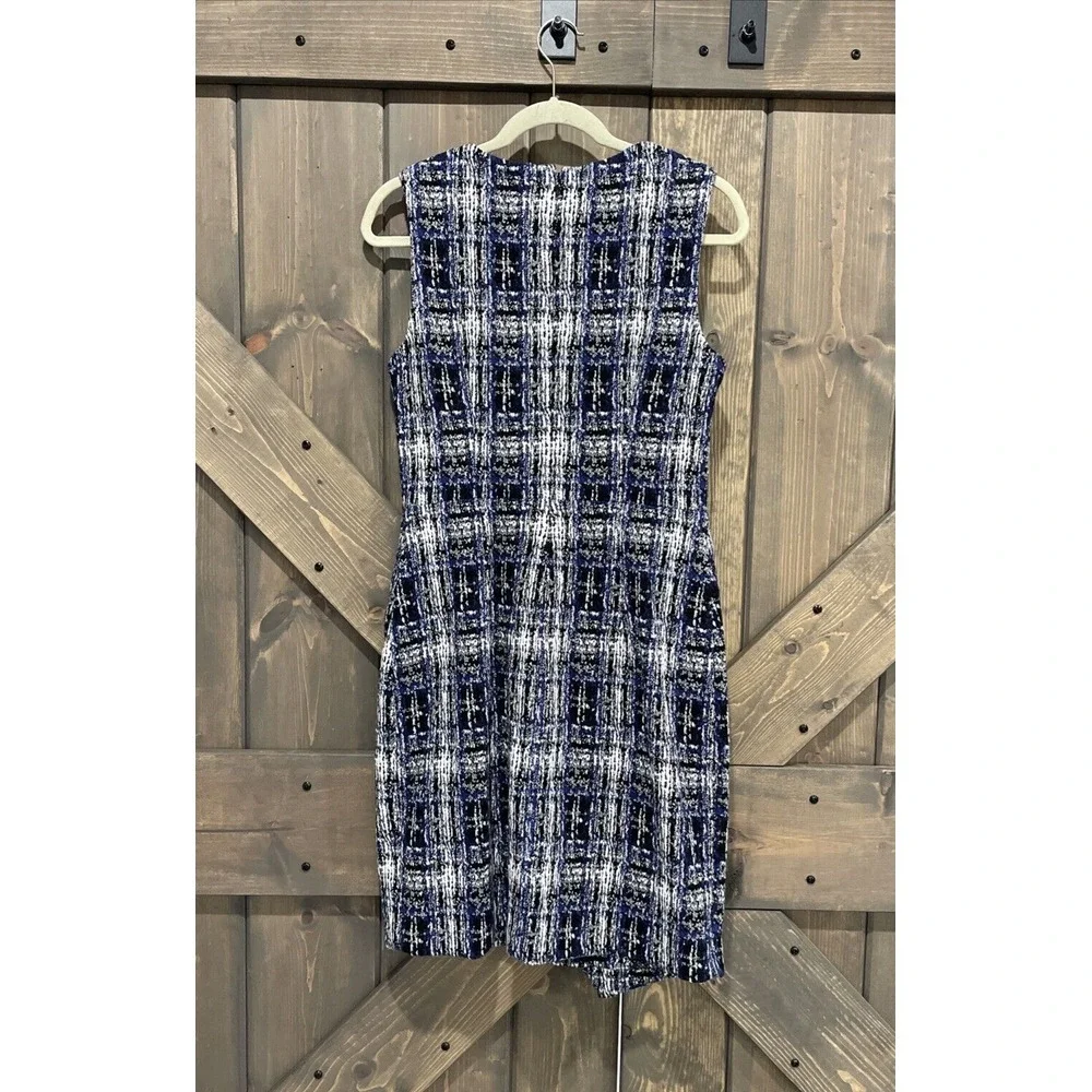 DKNY Women's Tweed Sheath Dress Jewel Neck Sleeveless Blue Black White Size 10 - Picture 5 of 12